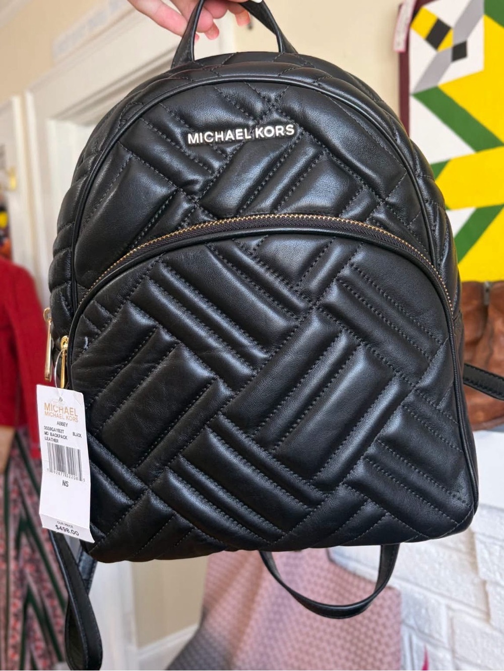 Michael Kors Black Quilted Logo Backpack with Gold Hardware